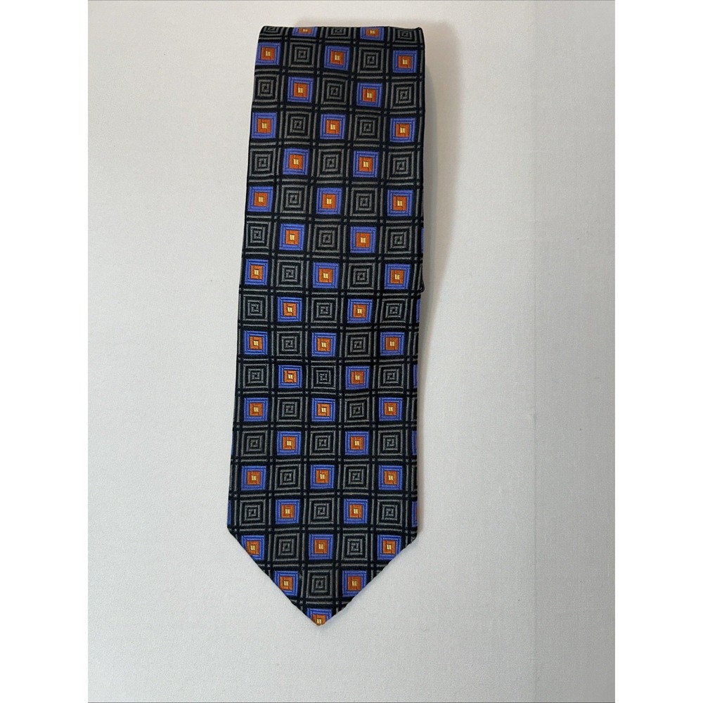 Vintage XMI Platinum Geometric Square Silk Tie Blue Orange Gray Handmade USA